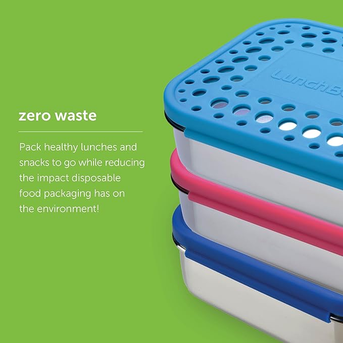 LunchBots Medium Trio II Snack Container - Divided Stainless Steel Food Container - Three Sections for Snacks On the Go - Eco-Friendly, Dishwasher Safe, BPA-Free - Stainless Lid - Blue Dots
