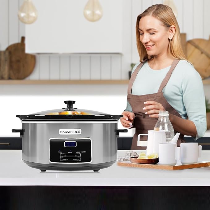 Magnifique 8-Quart Digital Programmable Slow Cooker with Timer - Small Kitchen Appliance for Family Dinners - Serves 10+ People - Heat Settings: Keep Warm,