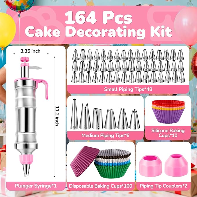 Cake Decorating Tools Supplies Kit: 164pcs Baking Accessories - Piping Bags and Icing Tips Set - Puffs Cupcake Frosting Piping Bakery Set for Adults Beginners or Professional, Pink
