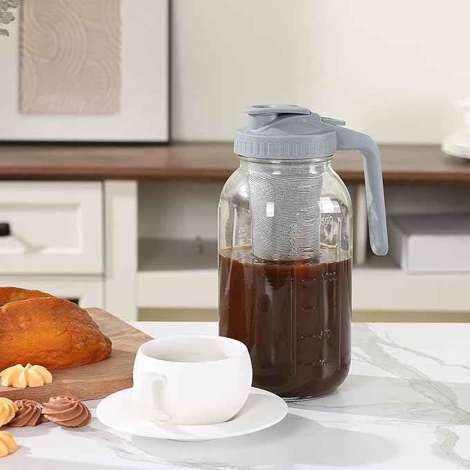 Cold Brew Coffee Maker Pitcher 64-ounce Glass Wide Mouth Mason Jar with Stainless Steel Filter and Pour Spout Handle Lid (Grey, 64Ounce)