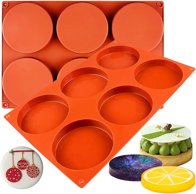 Funshowcase Round Disc Baking Silicone Mold 6-Cavity, 4inch, Circle Epoxy Resin Tray, Chocolate Cake Pie Custard Tart Muffin Sandwiches Eggs Bakeware, Soap Concrete Cement Plaster Pan