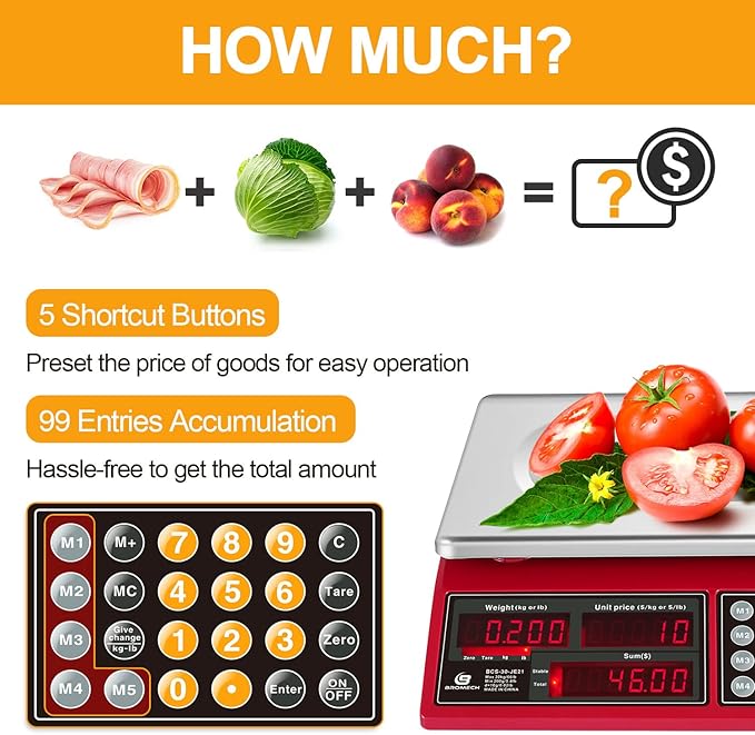 Price Computing Scale 66lb Digital Rechargeable Commercial Kitchen Weight for Produce Food Meat Fruit Vegetable with Dual Display, Give Change Function, 5 Direct Plus Included, Not for Trade
