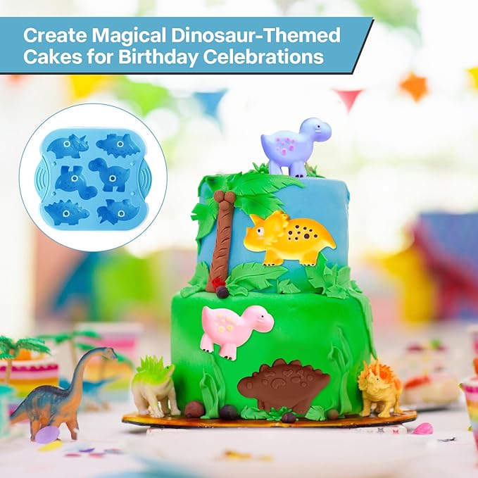 2-Pack Silicone Dinosaur Molds with Lids, Multi-Purpose Jello Molds for Kids, Dinosaur Silicone Mold for Chocolate, Baking & Crafting Tool for Cake, Candy, Jello, Ice Cubes - Blue