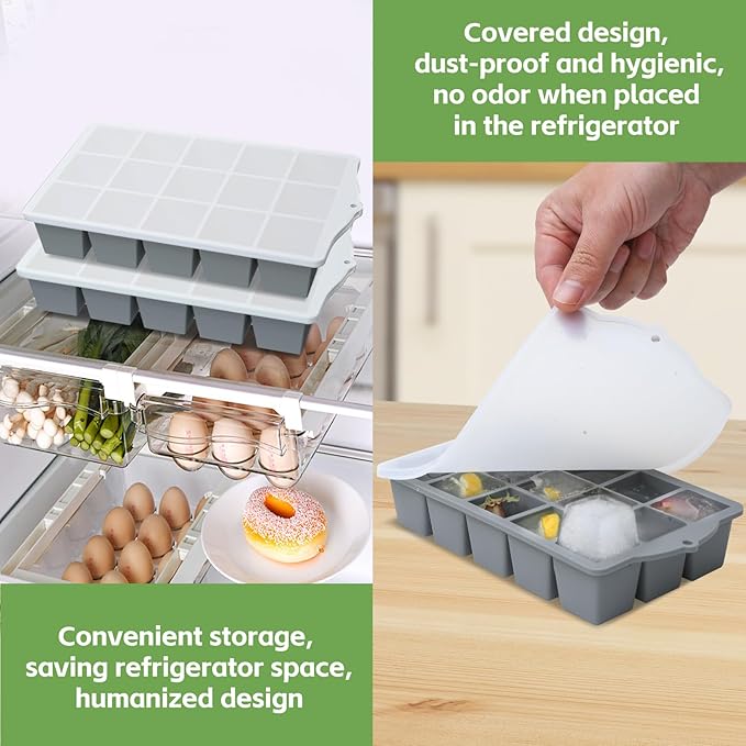 Silicone Ice Cube Tray, 2 Pack Easy-Release Stackable Ice Trays for Freezer with Lid 15 Reusable Cubes, Food Grade BPA Free Ice Molds for Whiskey, Baby Food, Coffee, Cocktail, Drinks (Grey)