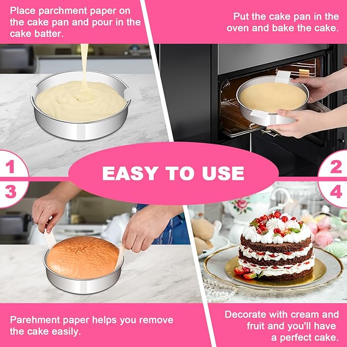 8 Inch Cake Pan Set of 2, Stainless Steel Round Layer Cake Baking Pans Tins, Non-Toxic & Healthy, Leak-proof & Easy Clean & Dishwasher Safe
