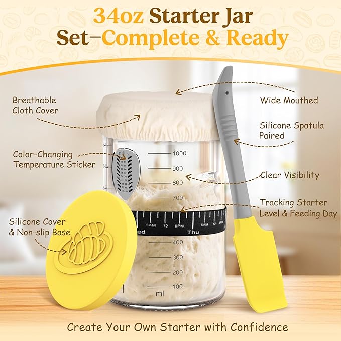 Sourdough Starter Kit with Cotton Rope Banneton Basket & Jar, Bread Baking Supplies and Tools Set, Complete Sourdough Bread Making Kit, Baking Gift for Women Moms & Beginners