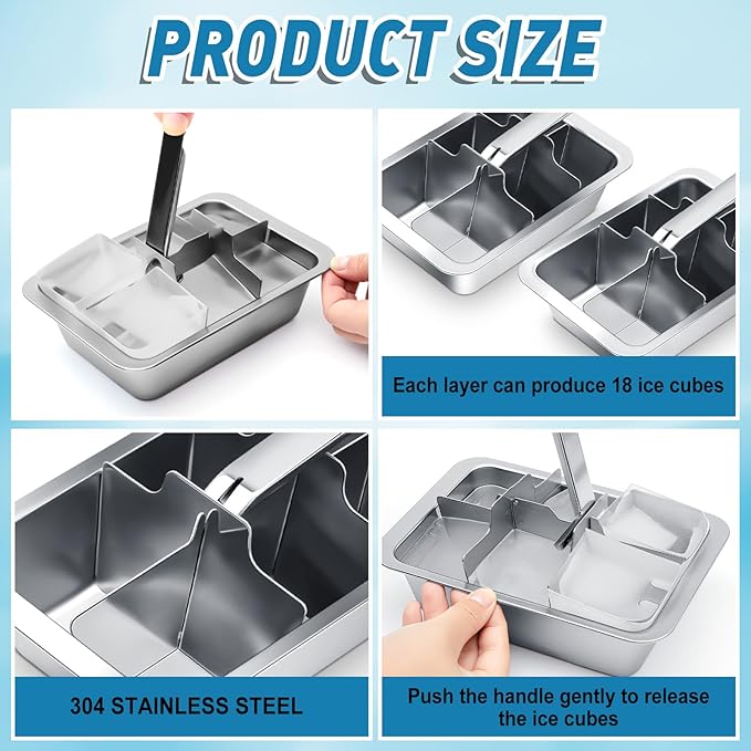 2 Pcs 6 Slot Stainless Steel Ice Cube Maker and Tray Ice Cube Tray for Bars Kitchens Levers Remove Cubes Easy Removal Metal Food Grade Freezer Molds for Food Juice Dishwasher Safe