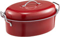 HONGBAKE 18 Inch Turkey Roasting Pan with Rack and Lid – Large Red Carbon Steel Roaster Pan for 20 lb Turkey, Oven Safe Baking Pan for Holiday Meals & Thanksgiving
