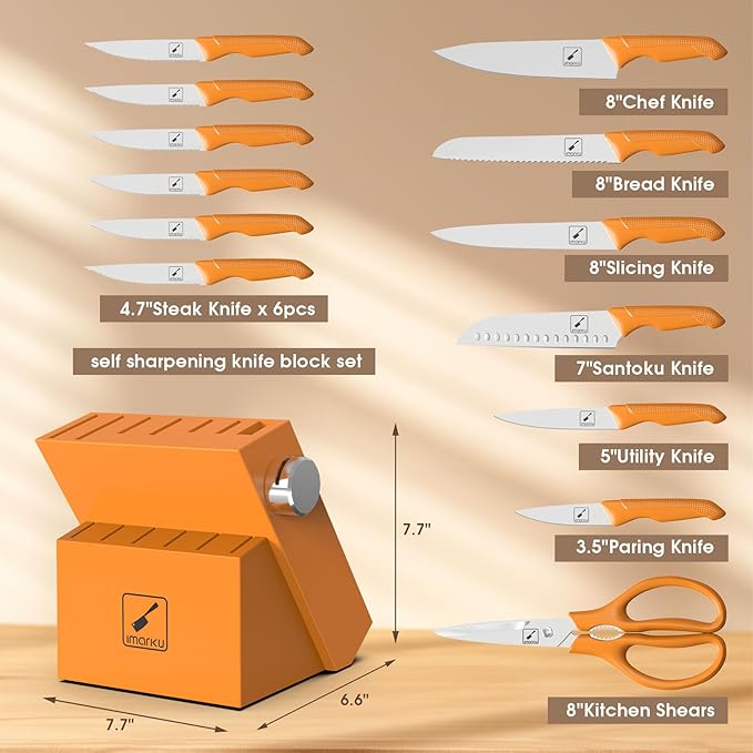 imarku® Knife Set, Sharp Block Knife Set with Built-in Sharpener, Japanese Stainless Steel with Non-Slip Ergonomic Handle, Dishwasher Safe, Kitchen Gift for Man Woman, Best For Home gift, Burnt Orange