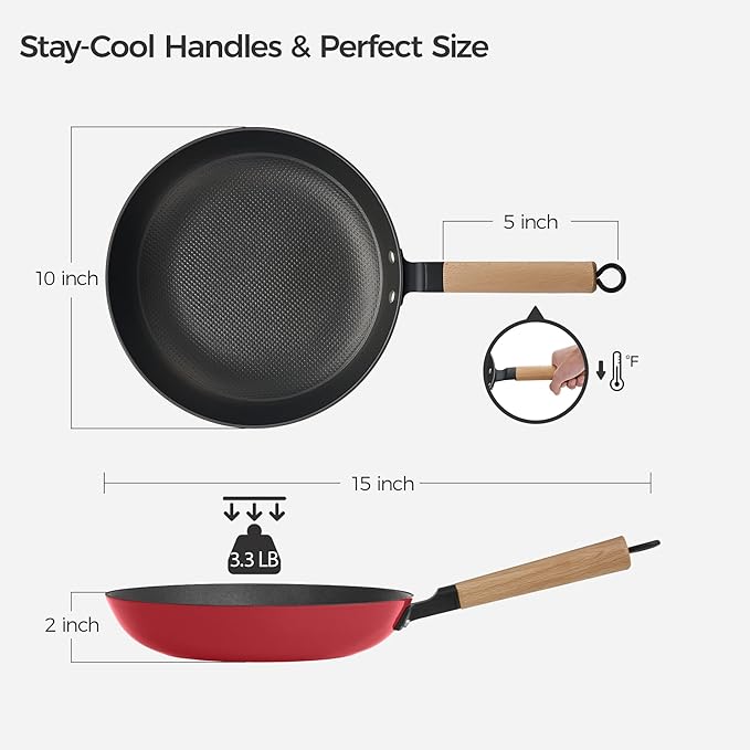 YUTANN 10" Pre-seasoned Cast Iron Skillet,Enameled Non-stick Frying Pan with Detachable Wooden Handle,Lightweight Non-toxic,Dishwasher Oven Safe (500°F)