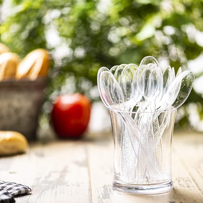 Comfy Package [300 Pack] Heavyweight Clear Plastic Tea Spoons with Engraved Design - Disposable Sturdy Plastic Utensils for Parties, Weddings, and Events