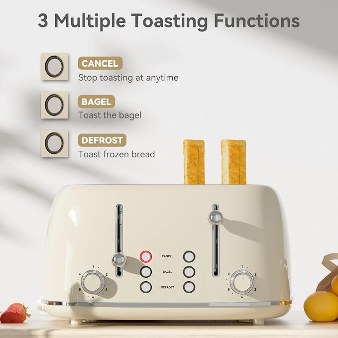 Toaster 4 Slice, Retro Stainless with 6 Bread Shade Settings,1.5''Wide Slots Toaster with Cancel/Defrost/Reheat Functions,Dual Independent Control Panel, Removal Crumb Tray (Cream)