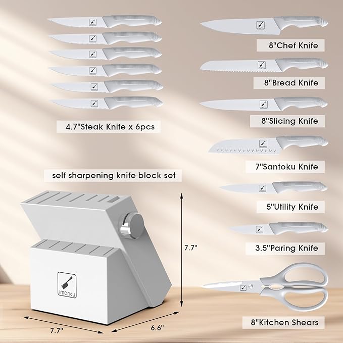 imarku® 14-Piece Kitchen Knife Set with Block and Sharpener, Professional Stainless Steel with Non-Slip Ergonomic Handle, Dishwasher Safe, Home Essential, Gray-White