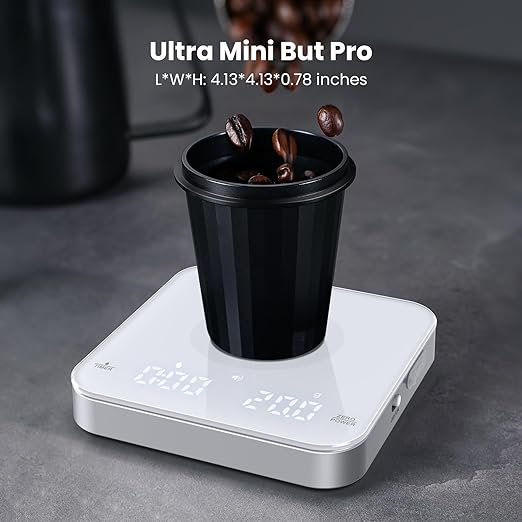 Rechargeable Mini Coffee Scale with Timer, Maestri House Espresso Scale, 2kg/0.1g Accurate Scale for Espresso and Pour-Over Coffee, Portable Digital Kitchen Scale with Automatic Timing（White&Silver）