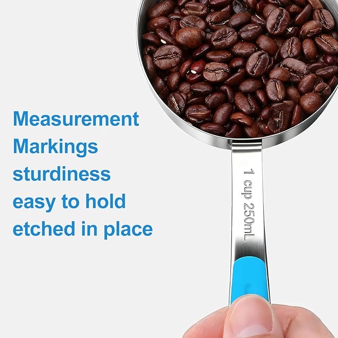 Measuring Cups and Spoons Set, Stainless Steel 10 Piece for Cooking and Baking (5 Cups + 5 Spoons, Light Blue Handle)