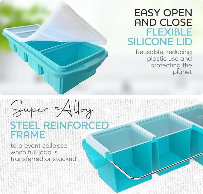 Silicone Freezer Tray With Lid - Soup Freezer Container molds - Large Ice Cube Tray- makes 8 perfect 1 cup portions cubes, 1-Pack Freezer Storage Food Soups & Meal Prep - Oven & Dishwasher -Safe