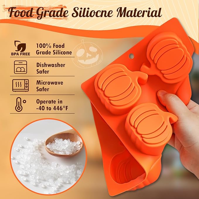 HKNMTT Pumpkin Silicone Molds 2 Pack 6 Cavity Halloween Mold Set for Fall Chocolate Candy Soap Wax Melts Jello Cake Pop Apple Cider Baking Tray Thanksgiving 3D Food Grade Spooky Treats