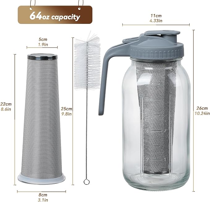 Cold Brew Coffee Maker Pitcher 64-ounce Glass Wide Mouth Mason Jar with Stainless Steel Filter and Pour Spout Handle Lid (Grey, 64Ounce)