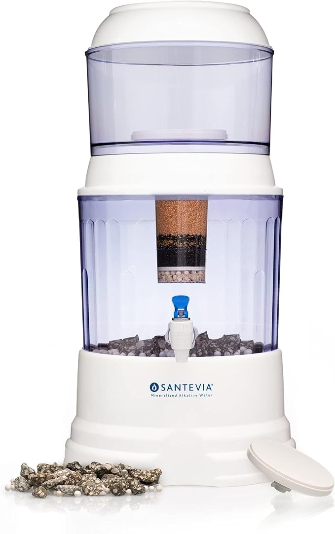 Santevia Gravity Water System Filter | at Home Water Filter That Makes Water Alkaline and Adds Minerals | Chlorine and Fluoride Filter (Countertop Model)
