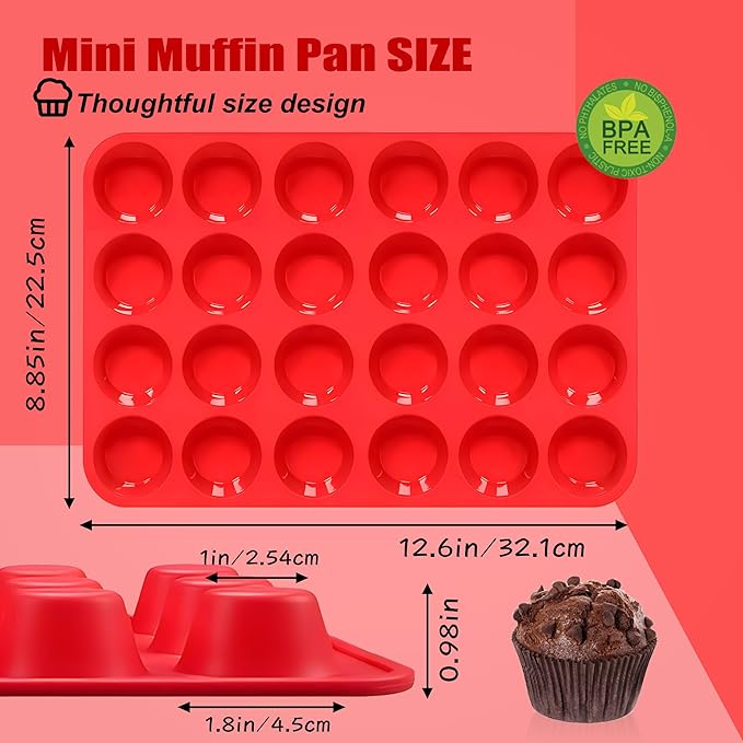 24 Cup Silicone Mini Muffin Pan,Nonstick Food Grade Silicone Baking Cups, Great for Making Muffin Cakes, Tart, Bread- Just Pop Out