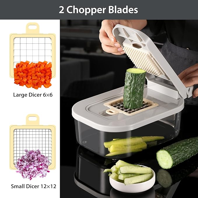 11-in-1 Mandoline Slicer for Kitchen, Food Chopper with Container, Vegetable Dicer Onion Slicer, Veggie Cutter for Fruit Salad Kitchen Gadgets Essential Tools (Beige)