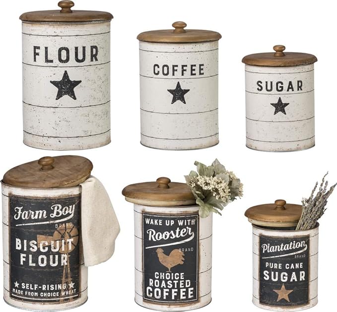Primitives by Kathy 39060 Farmhouse Tin Canisters, Sugar/Coffee/Flour