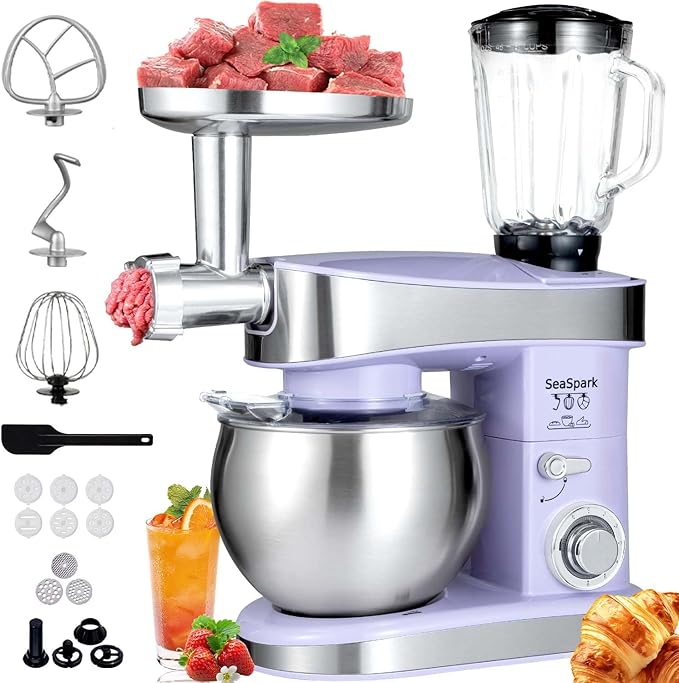 Multifunctional Stand Mixer 6.3Qt 6-Speed Tilt-head, Electric Kitchen Mixer with Stainless Steel Bowl,Meat Grinder, Juice Blender (Purple)