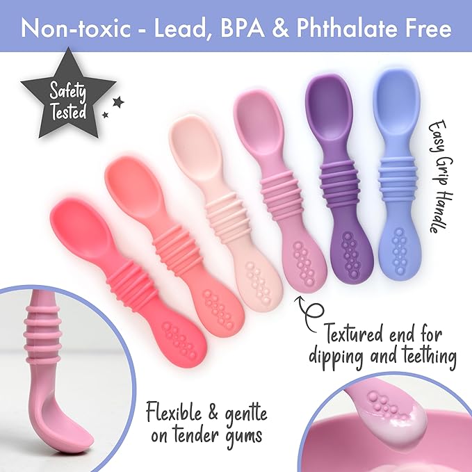 PrimaStella Silicone Chew Spoon Set for Babies and Toddlers - Safety Tested - BPA Free - Microwave, Dishwasher and Freezer Safe - Rosy Shades