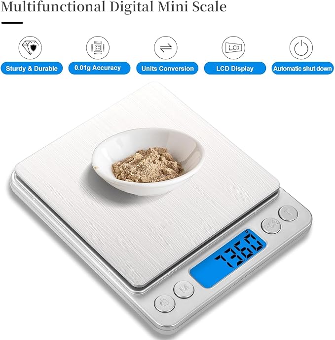 Digital Gram Scale 1000g/0.01g, Scale for Food Ounces and Grams, Upgrade USB Charging Kitchen Scale Digital Weight for Cooking, Baking, Tare Function, 9 Units, 2 Tray