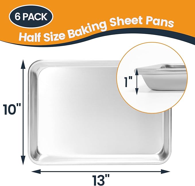 6 Pack Quarter Size Baking Sheet Pan, Aluminum Commercial Cookie Sheet Pan, Durable & Anti-Stick 13”x 10”