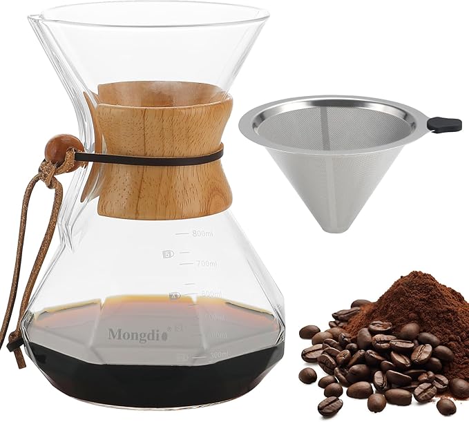 Mongdio 27 Oz Pour Over Coffee Maker with Stainless Steel Filter and Wooden Collar Holder, Borosilicate Glass Coffee Maker for Camping Home, 800ML/27OZ, Clear