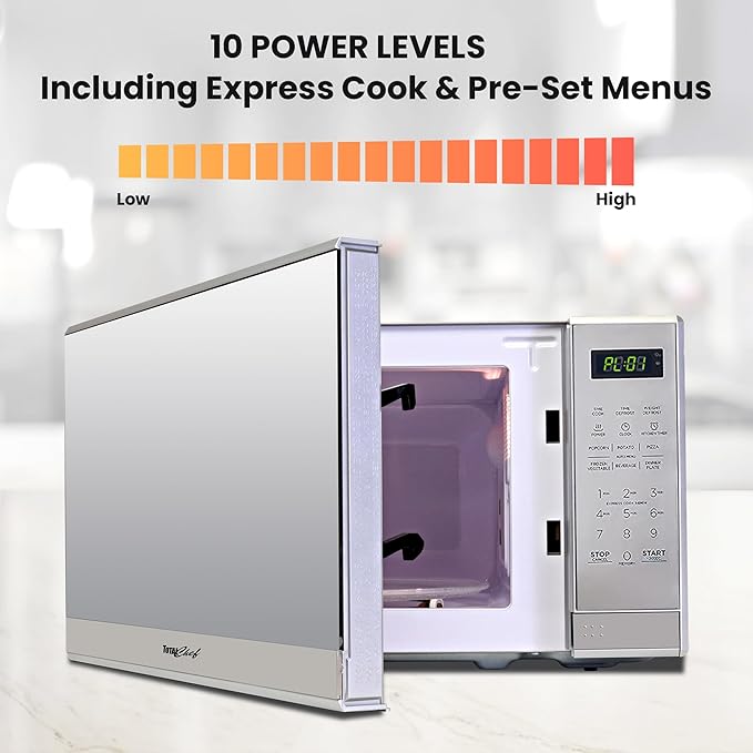 Total Chef 0.7 Cu Ft Microwave Oven - Countertop Small Kitchen Appliance, Stainless Steel Microwave with Digital Touch, Pre-Set Functions, 10” Turntable, 700 Watt