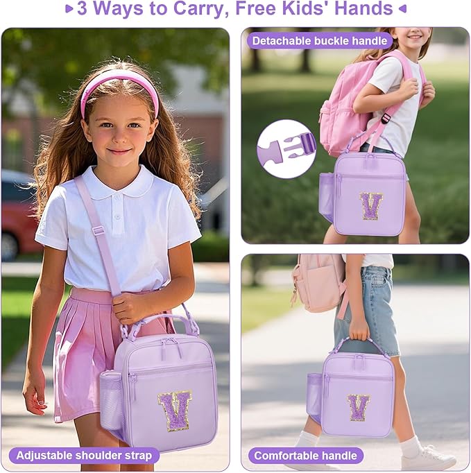 Initial Insulated Lunch Bag for Girls Kids, Back to School Gift, Reusable Leak-proof Lunch Box with Adjustable Strap for School Daycare Travel Picnic (Purple,V)