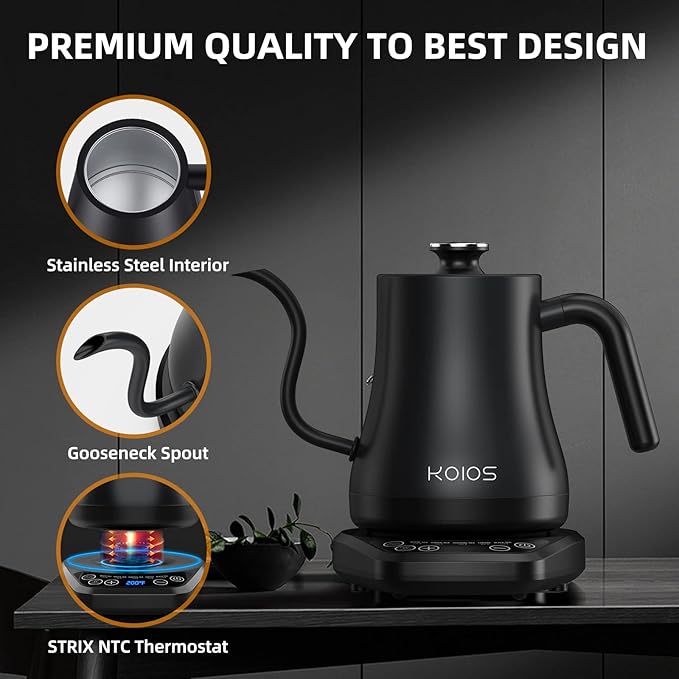 Gooseneck Electric Kettle with ±1℉ Temperature Control, KOIOS 1200W Quick Heating Gooseneck Kettle for Pour Over Coffee & Tea, 2 hours Temp Hold, Auto Shut-Off & Boil-Dry Protection, Matte Black