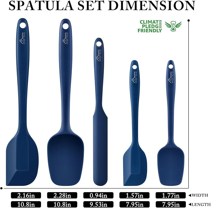 HOTEC 600℉ Heat Resistant BPA-Free Silicone Rubber Spatula Set, Kitchen Cooking Spatulas, Baking, Mixing, for Non Stick Cookware, Dishwasher Safe, Classic Blue Set of 5