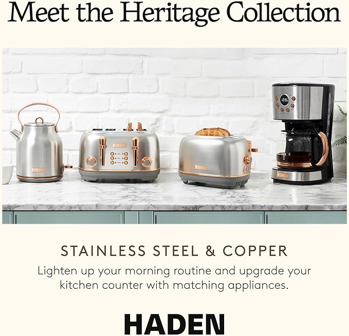 HADEN Heritage 12 Cup Programmable Retro Coffee Maker Machine Bundled with 2 Slice Wide Slot Toaster with Removable Crumb Tray, Steel/Copper
