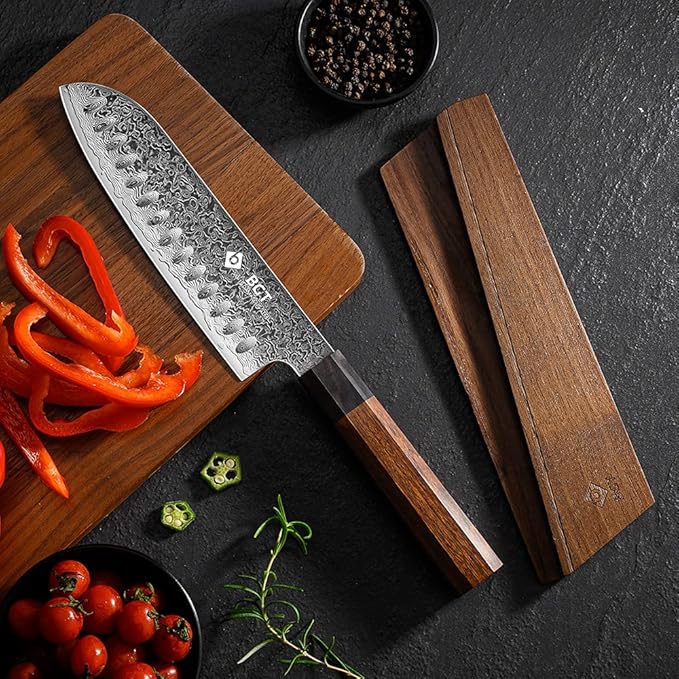 BGT 7 inch Santoku Knife, Japanese Sharp Chef Knife, Japanese VG10 67 layer Damascus Steel Kitchen Knife with Ebony Wood Handle and Gift Box