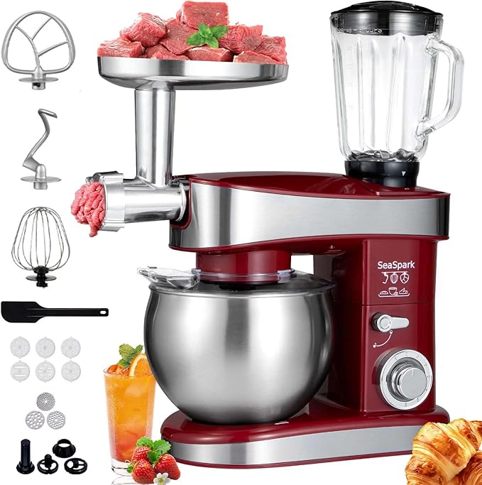 Multifunctional Stand Mixer 6.3Qt 6-Speed Tilt-head, Electric Kitchen Mixer with Stainless Steel Bowl,Meat Grinder, Juice Blender (Red)