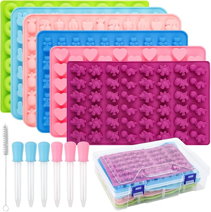 6 Pcs Gummy Bear Molds Silicone, Non-Stick Chocolate Candy Gummy Mold, Animal desserts Gummy Molds With 6 Droppers Clean Brush Storage Box, Including Love Bear Rabbit Mini Donut Fruit Animals Shaped