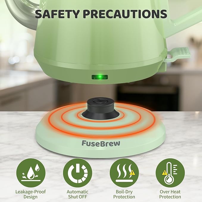 Gooseneck Electric Kettle(0.8L),1200 Watts Fast Boiling,Stainless Steel BPA Free,Automatic Shut Off,Pour Over Kettle for Coffee & Tea- Green