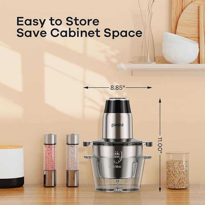 GANIZA Food Processors, Electric Food Chopper with Meat Grinder & Vegetable Chopper - 2 Bowls (8 Cup+8 Cup) with Powerful 450W Copper Motor - Includes 2 Sets of Bi-Level Blades (B0FNCM5JNM)