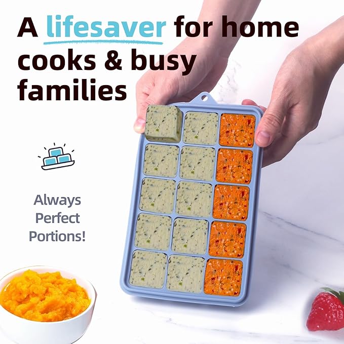 2 Tbsp Silicone Freezer Molds - Perfect for Storing Garlic, Herbs, Ginger, Pesto, Tomato Paste, Lemon Juice, Purees and More - Silicone Food Freezer Tray (Blue 4 Pack)