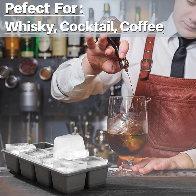Large Ice Cube Trays, JRISBO 2 Pack Reusable Silicone Ice Cube Molds with Lid for Freezer, Easy Release 16 Big Square Ice Trays for Whisky Cocktails