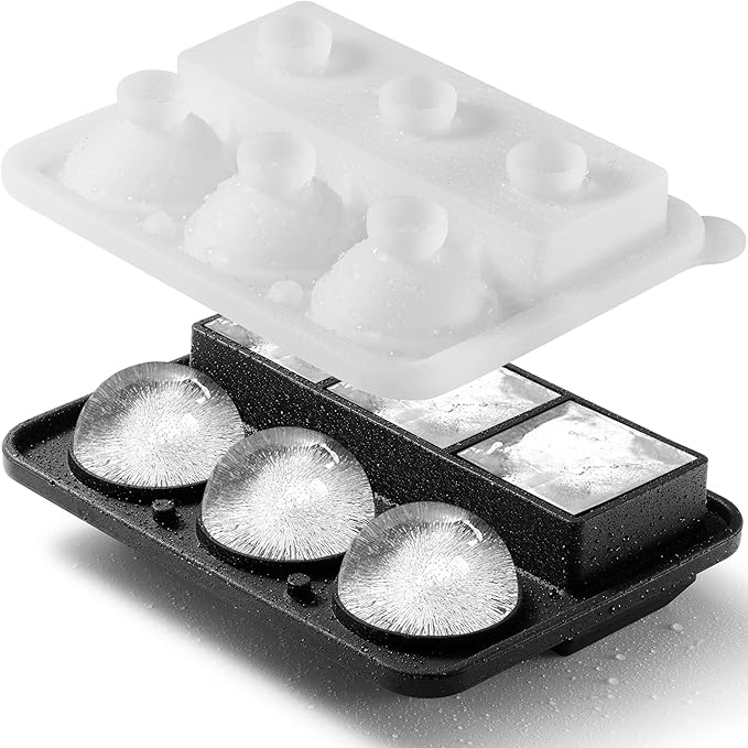 Nax Caki Ice Cube Molds Tray, Large Silicone Whiskey Ice Mold,2-in-1 Round Sphere Ice Ball Maker & Square Ice Trays for Cocktails, Bourbon, Whiskey Gifts for Men from Daughter Wife Son Kids… Black
