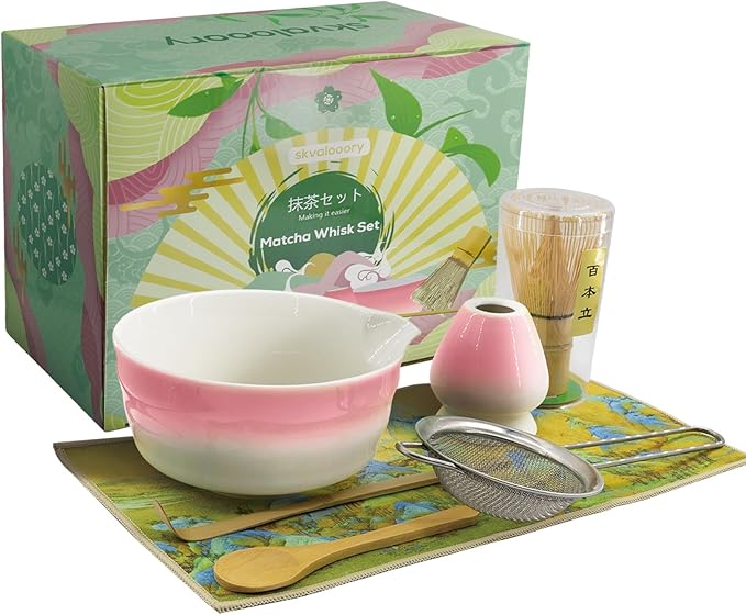 Matcha Whisk Set, 7-Pcs Matcha Set Includes Gradient Ceramic Matcha Bowl and Chasen Holder, Bamboo Whisk, Stainless Sifter, Teaspoon, Tea Towel, Spoon, Matcha Kit for Tea Lovers (Pink)
