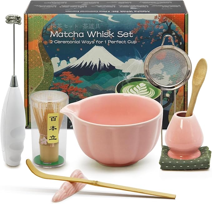 Matcha Whisk Set Incl. Ceramic Bowl With Spout, Whisk (Chasen), Stand, Bamboo Scoop, Sifter, Electric Frother, Tea Towel etc. 9 Pcs Matcha Making Starter Kit, Pink