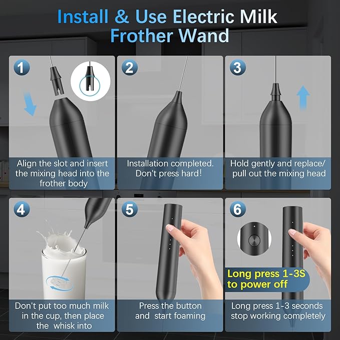 Rechargeable Milk Frother with Stand, Electric Frother Wand Handheld Coffee Foam Maker Detachable Stainless Steel Whisk Drink Mixer Foamer for Latte, Cappuccino, Hot Chocolate, Egg (Black)