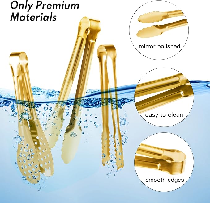 12 Pack Gold Premium Small Serving Tongs, Dmoera Mini Stainless Steel Appetizer Tongs, 5 Inch(12.7cm)