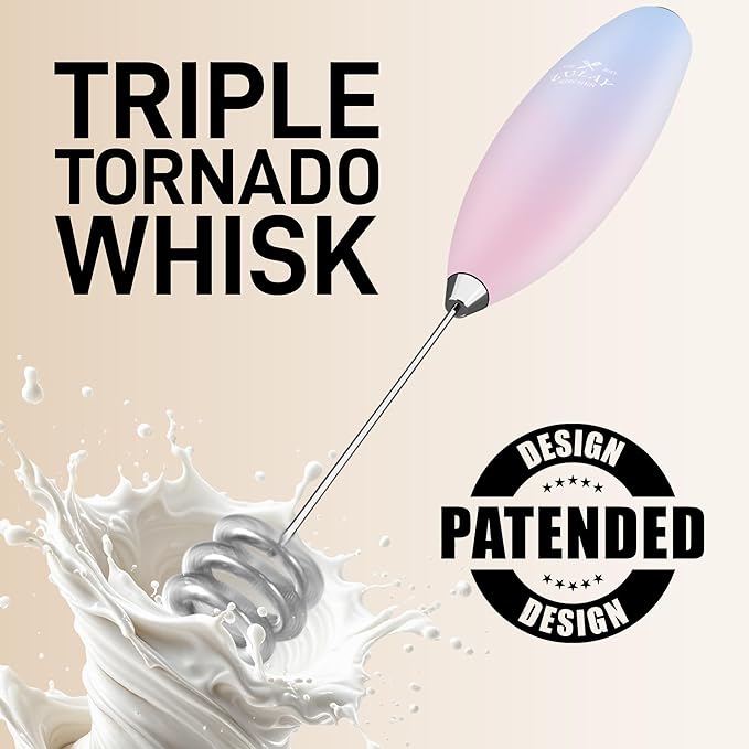 Zulay Kitchen Tornado Whisk Milk Frother with 4 AA Duracell Batteries - Triple Whisk for More Power - Handheld Coffee Frother with Stand - Drink Mixer for Lattes, Matcha & Protein Shakes