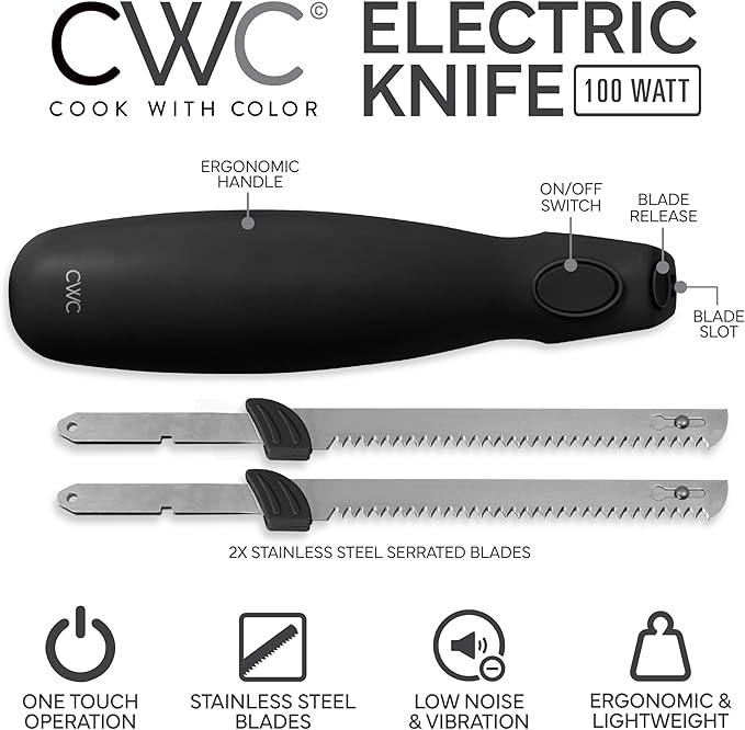 COOK WITH COLOR Electric Knife, 100W Power, Dual Stainless Steel Blades for Precise Cutting, Ergonomic Handle, Low Noise and Vibration, Ideal for Bread, Meat, and Vegetables, Black